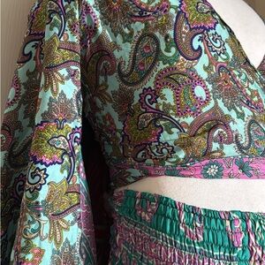 Boho Paisley Silk Bell Sleeve Top & Skirt set